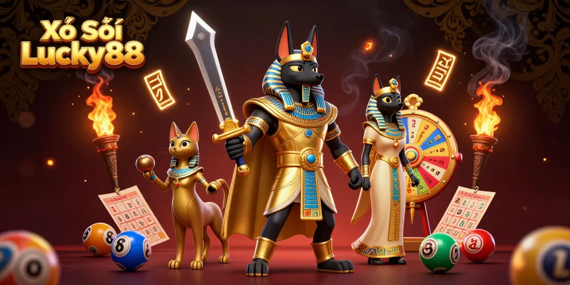 Xổ Số Lucky88 lottery balls and bingo cards create excitement with Anubis and Bastet in a vibrant casino setting.