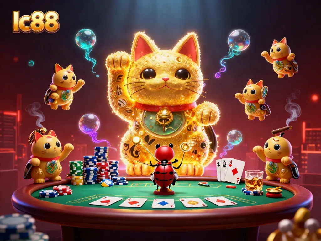 Engage with the lc88 lucky cat symbol, surrounded by vibrant casino elements and poker action.